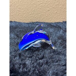 Handcrafted Glass Dolphin Figurine In Vibrant Blue & Clear Design 4' Long